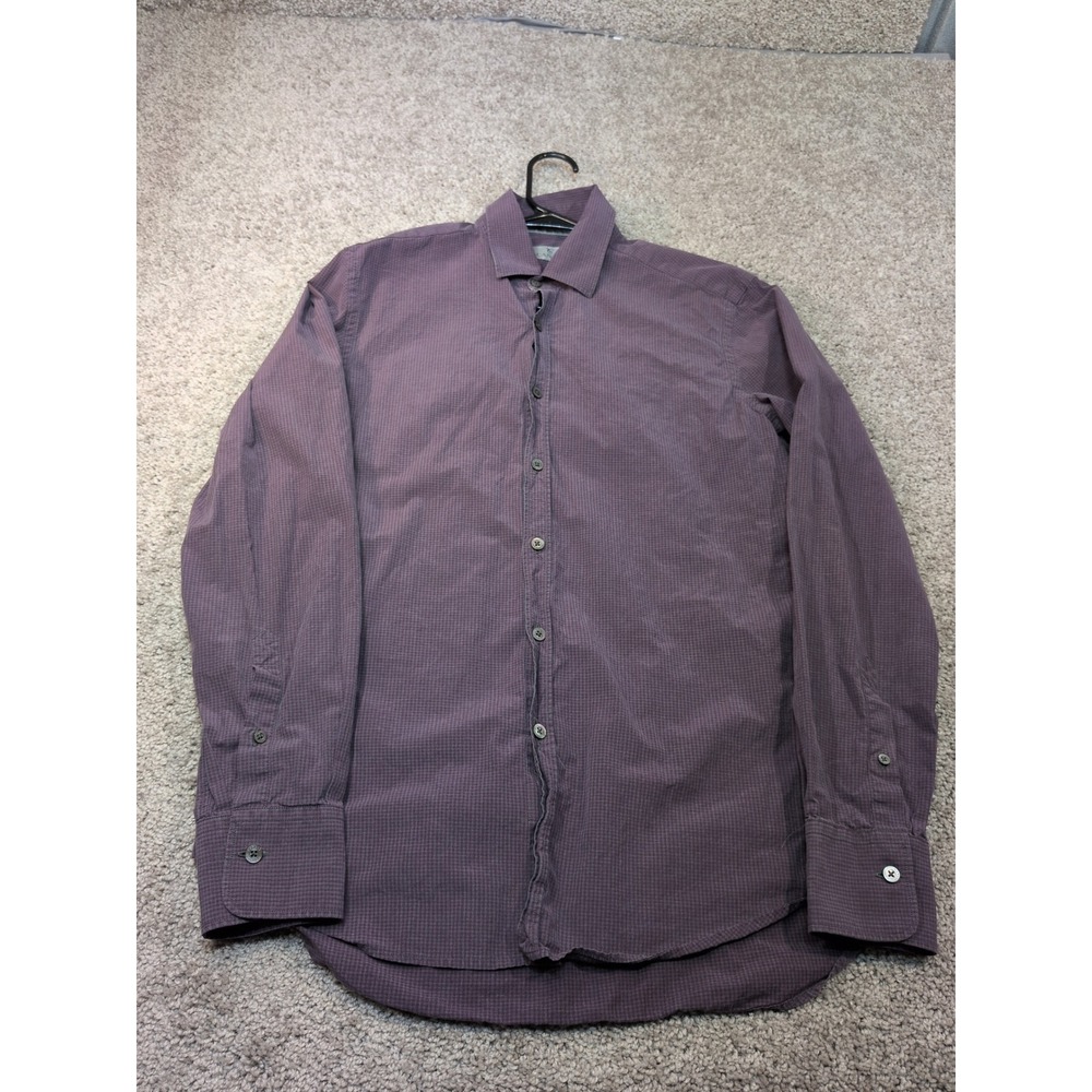 Canali Mens Long Sleeve Button Down Shirt Purple Micro Check Made in Italy 43in